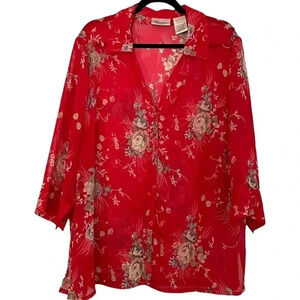 Vintage Red Sheer Floral Blouse Top 3/4 Sleeve 18W